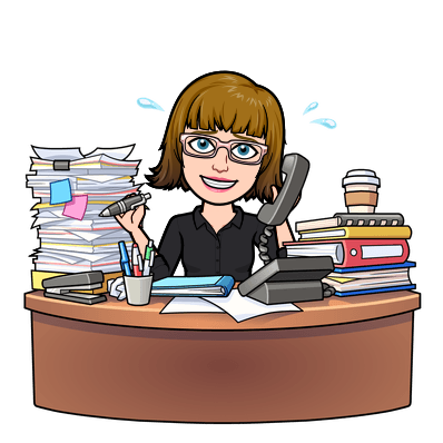 Sara Lutes bitmoji sitting behind a busy desk