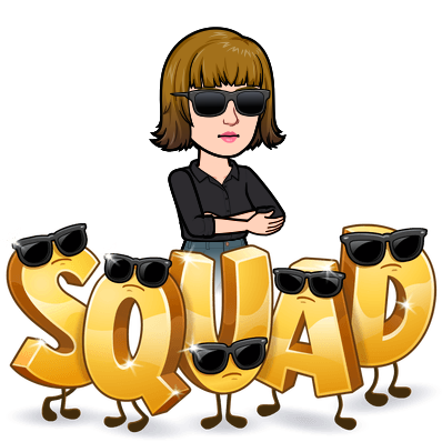 Sara Lutes bitmoji in sunglasses behind a sign that says squad